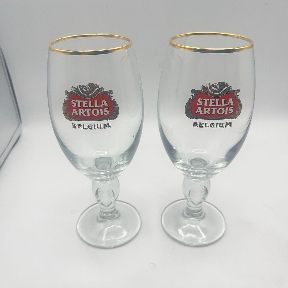 STELLA ARTOIS Belgium Chalice Beer Glass 33 CL Gold Rim (Set Of 2)